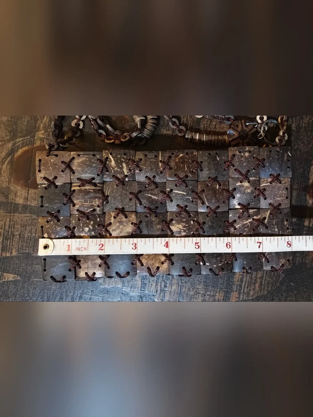 Handcrafted Thai Coconut Shell Cross-Stitch Shoulder Bag in Brown-Tone